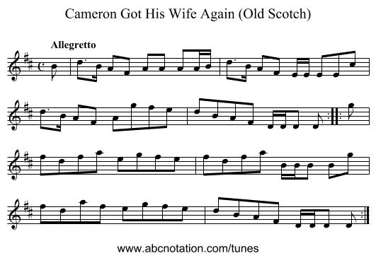 Cameron Got His Wife Again (Old Scotch) - staff notation