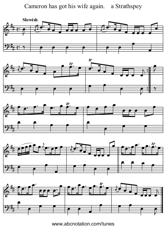 Cameron has got his wife again.    a Strathspey - staff notation