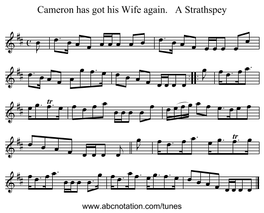 Cameron has got his Wife again.   A Strathspey - staff notation