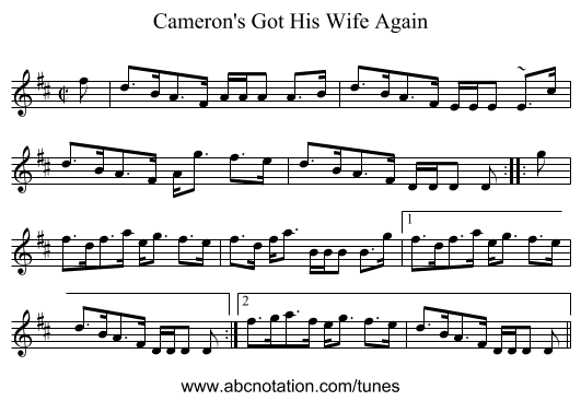 Cameron's Got His Wife Again - staff notation