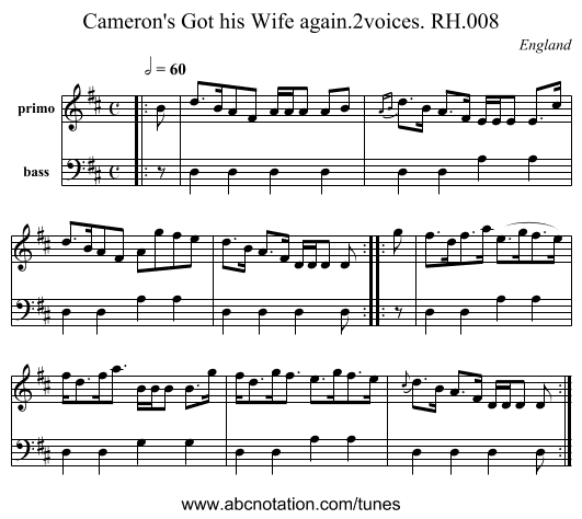 Cameron's Got his Wife again.2voices. RH.008 - staff notation