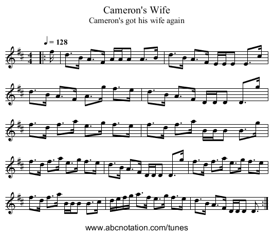 Cameron's Wife - staff notation