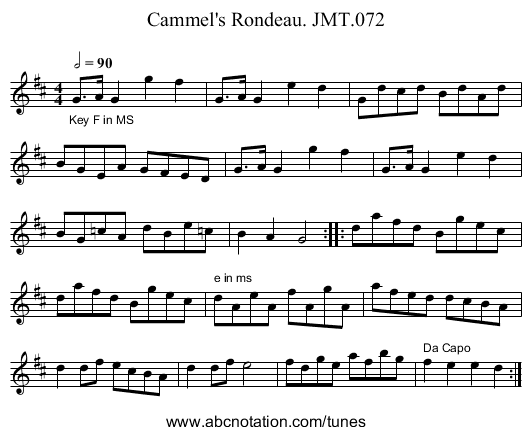 Cammel's Rondeau. JMT.072 - staff notation