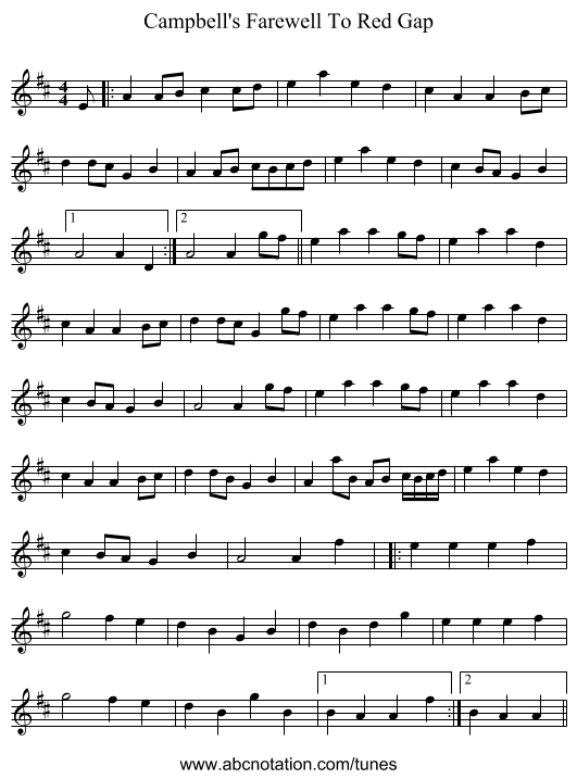 Campbell's Farewell To Red Gap - staff notation