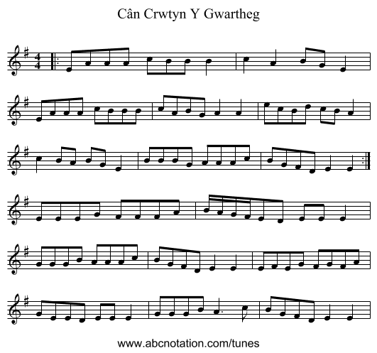 Cân Crwtyn Y Gwartheg - staff notation