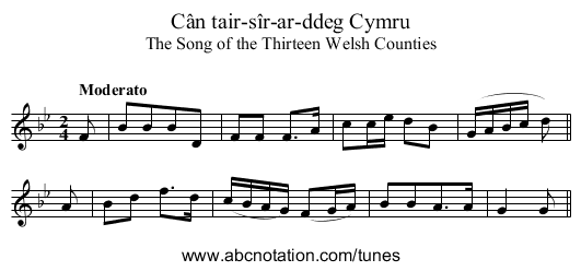 Cân tair-sîr-ar-ddeg Cymru - staff notation