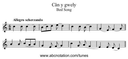 Cân y gwely - staff notation