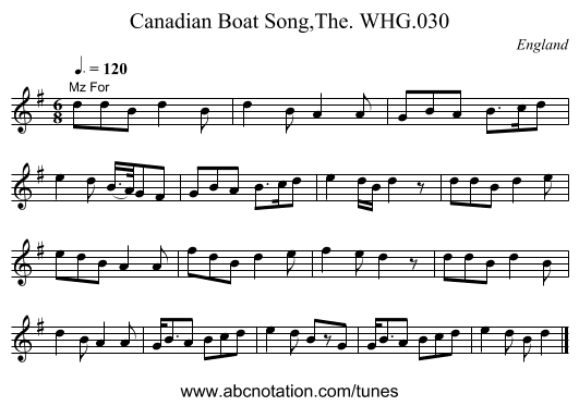 Canadian Boat Song,The. WHG.030 - staff notation