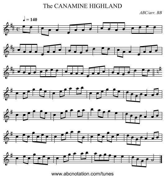 CANAMINE HIGHLAND, The - staff notation