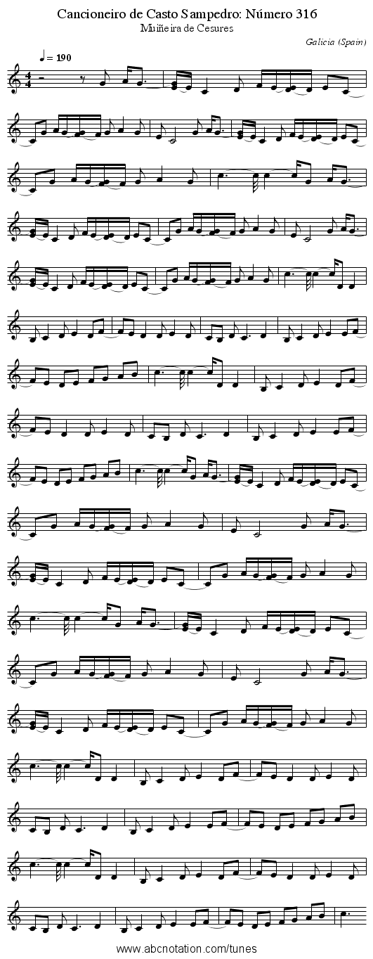 Cancioneiro de Casto Sampedro: N&uacute;mero 316 - staff notation