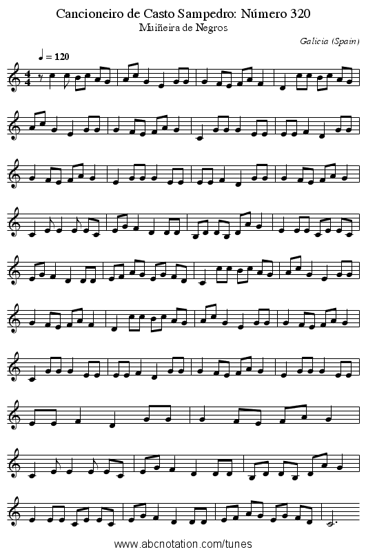 Cancioneiro de Casto Sampedro: N&uacute;mero 320 - staff notation