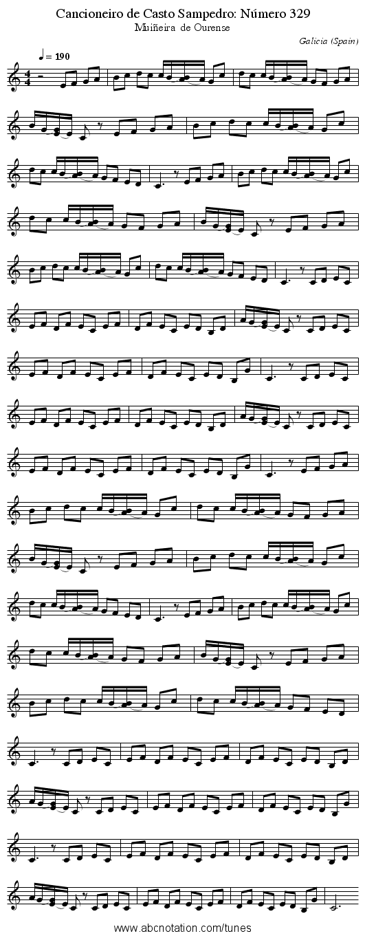 Cancioneiro de Casto Sampedro: N&uacute;mero 329 - staff notation