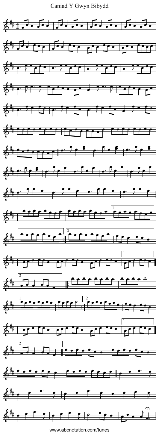 Caniad Y Gwyn Bibydd - staff notation
