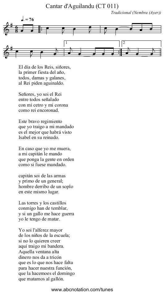 Cantar d'Aguilandu (CT 011) - staff notation