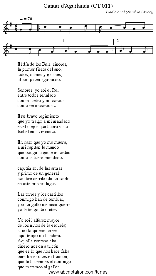 Cantar d'Aguilandu (CT 011) - staff notation