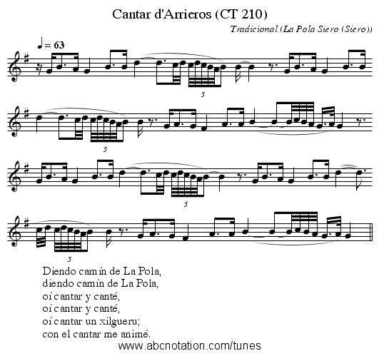Cantar d'Arrieros (CT 210) - staff notation