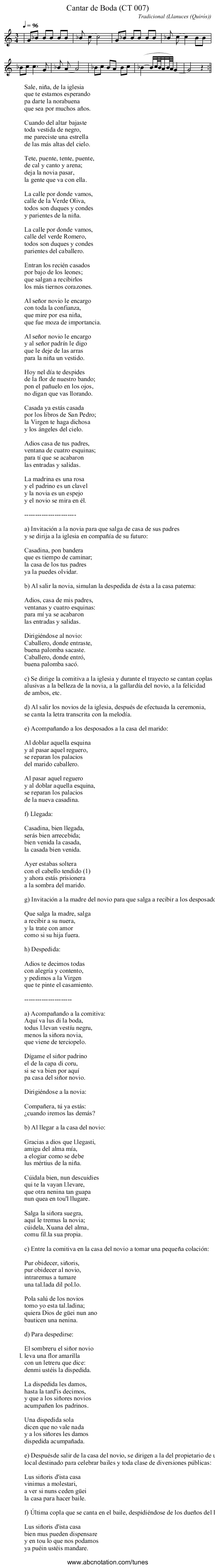 Cantar de Boda (CT 007) - staff notation