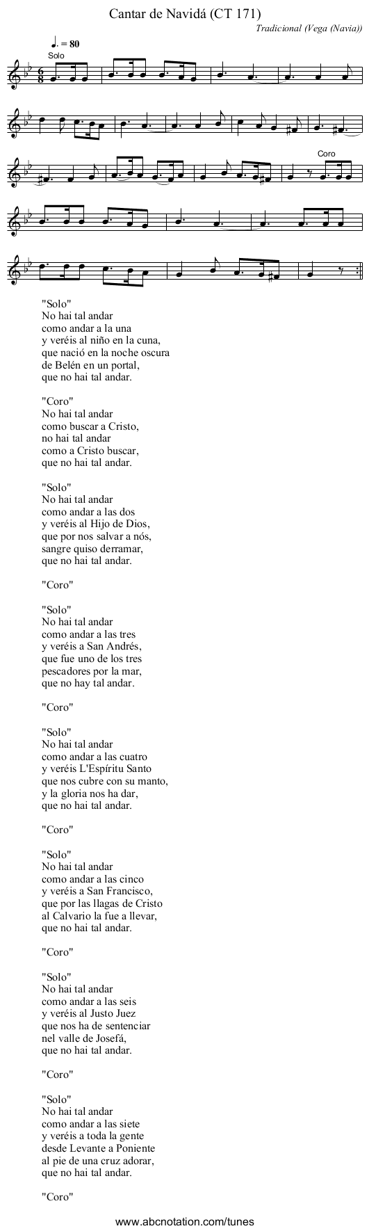 Cantar de Navidá (CT 171) - staff notation