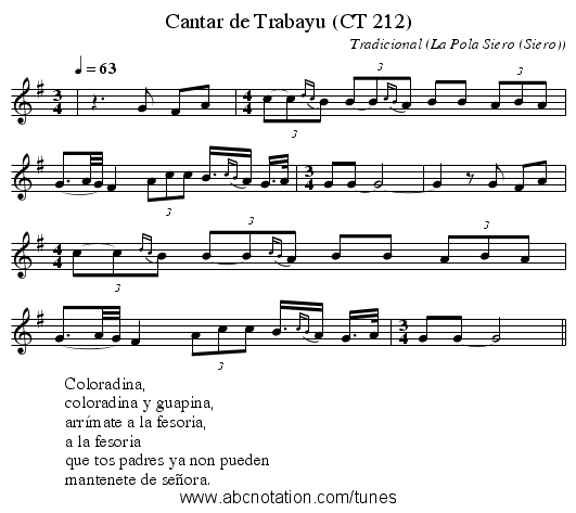 Cantar de Trabayu (CT 212) - staff notation