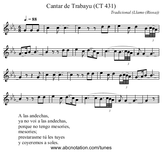 Cantar de Trabayu (CT 431) - staff notation