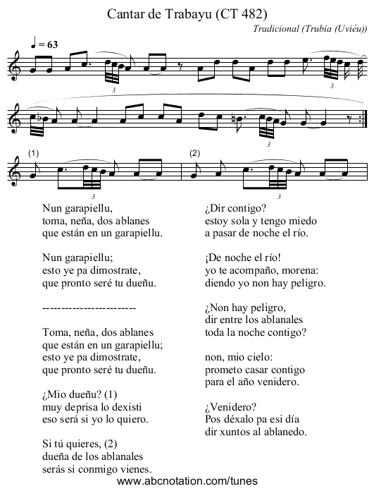 Cantar de Trabayu (CT 482) - staff notation
