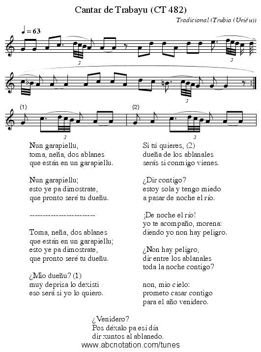 Cantar de Trabayu (CT 482) - staff notation