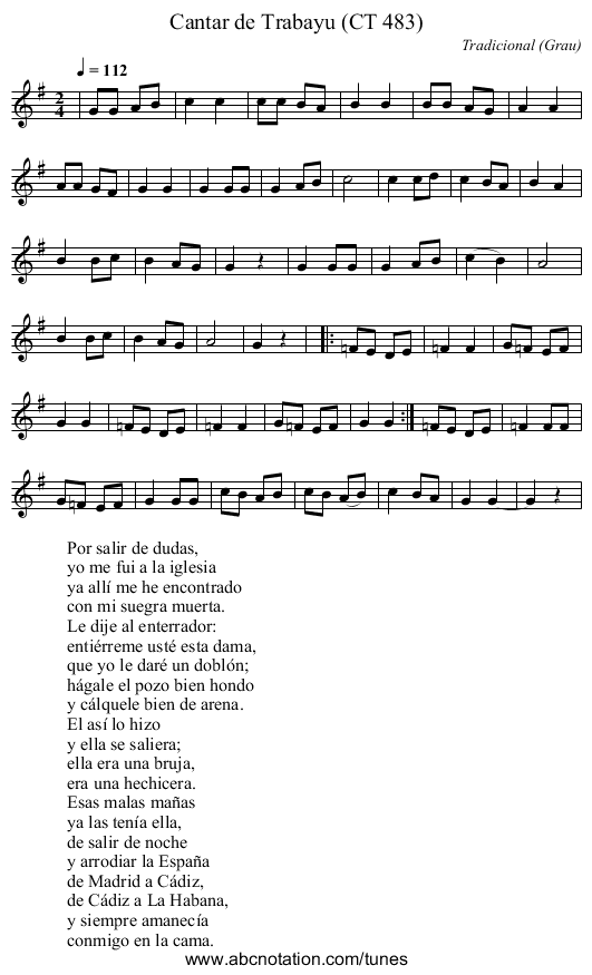 Cantar de Trabayu (CT 483) - staff notation