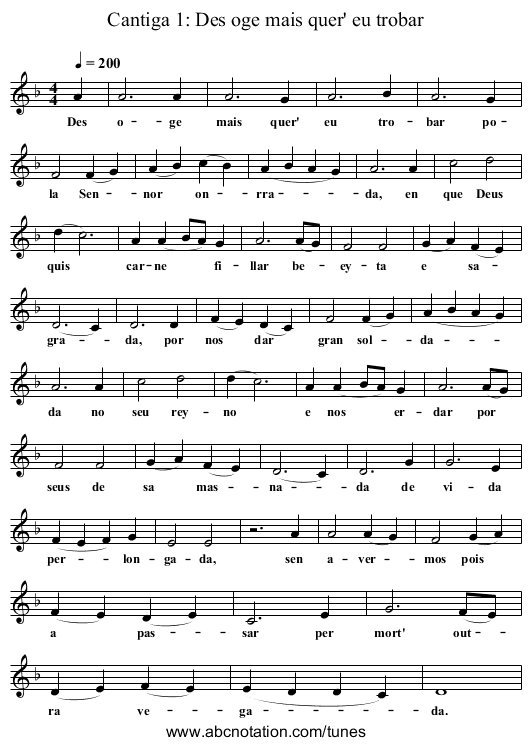 Cantiga 1: Des oge mais quer' eu trobar - staff notation