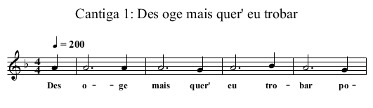 Cantiga 1: Des oge mais quer' eu trobar - staff notation