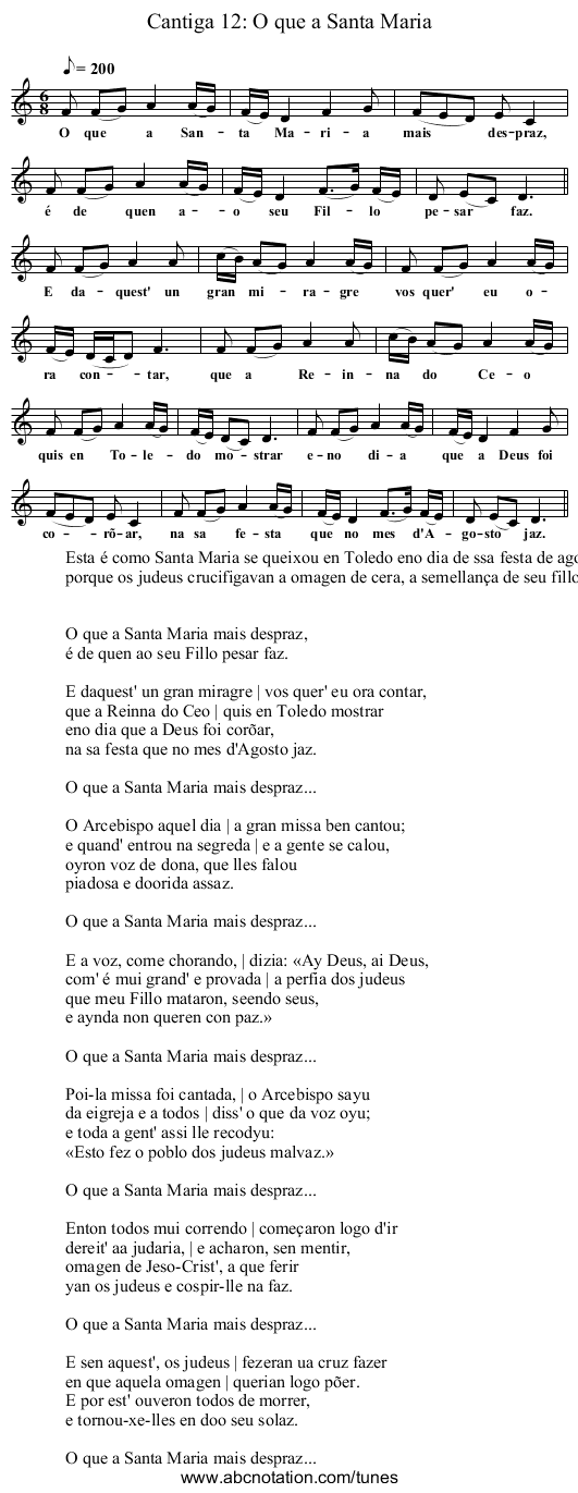 Cantiga 12: O que a Santa Maria - staff notation