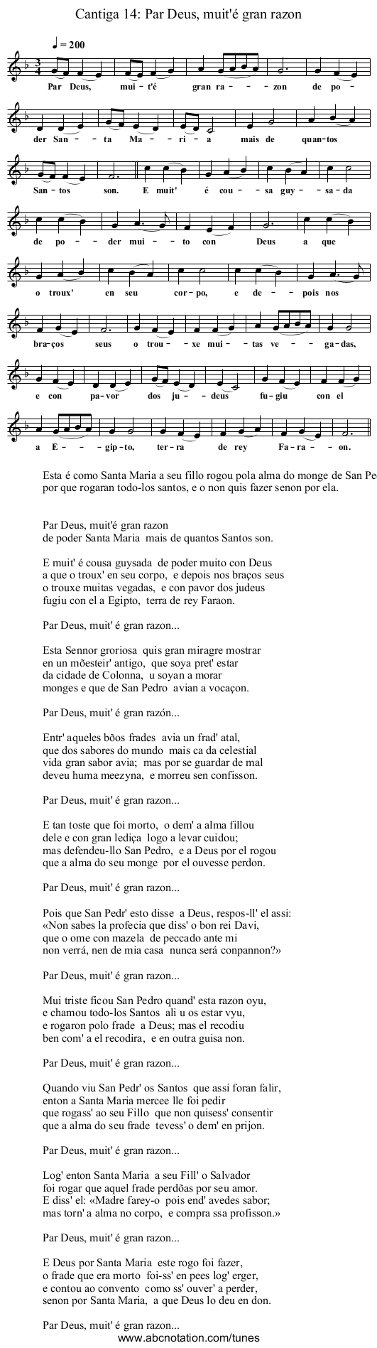 Cantiga 14: Par Deus, muit'é gran razon - staff notation