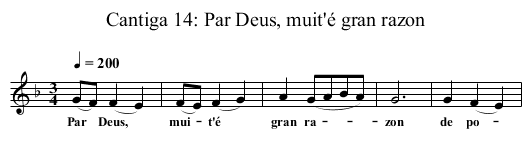 Cantiga 14: Par Deus, muit'é gran razon - staff notation