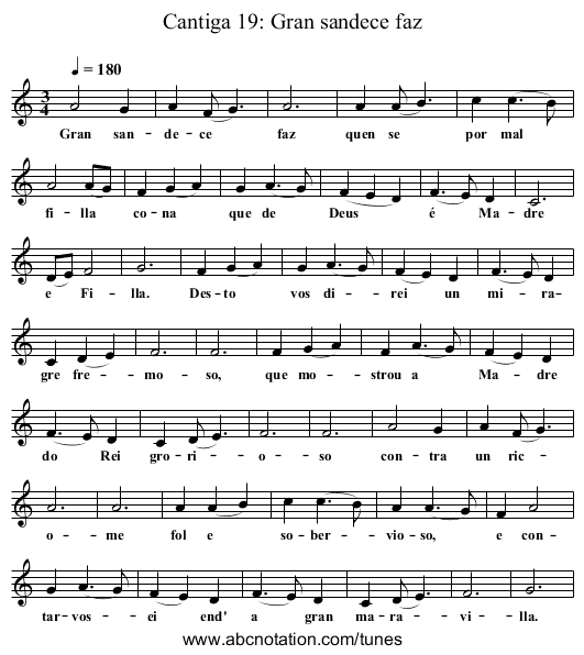 Cantiga 19: Gran sandece faz - staff notation