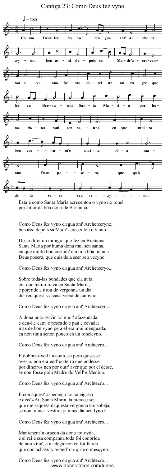 Cantiga 23: Como Deus fez vyno - staff notation