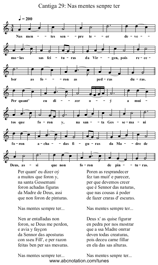 Cantiga 29: Nas mentes senpre ter - staff notation