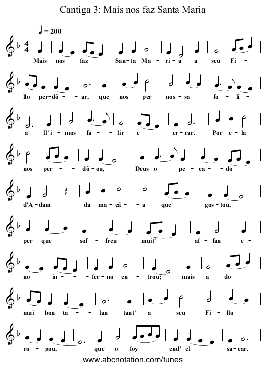 Cantiga 3: Mais nos faz Santa Maria - staff notation
