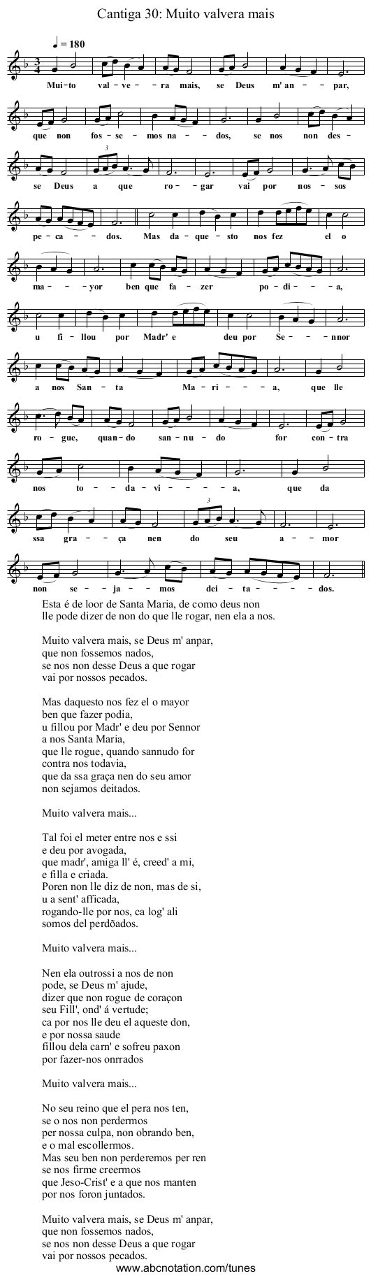 Cantiga 30: Muito valvera mais - staff notation