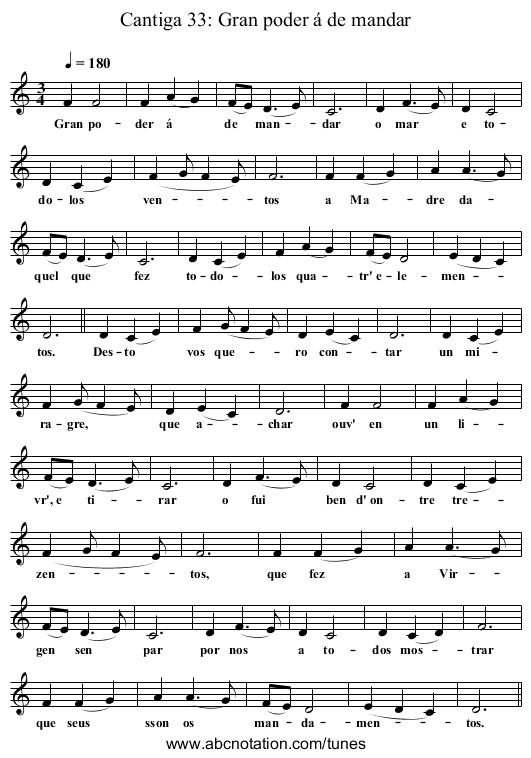 Cantiga 33: Gran poder á de mandar - staff notation