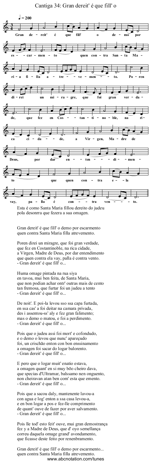 Cantiga 34: Gran dereit' é que fill' o - staff notation