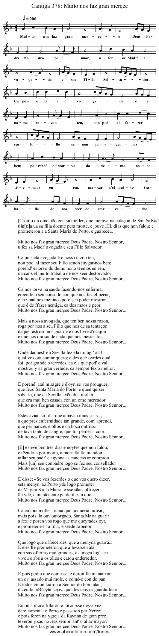 Cantiga 378: Muito nos faz gran merçee - staff notation
