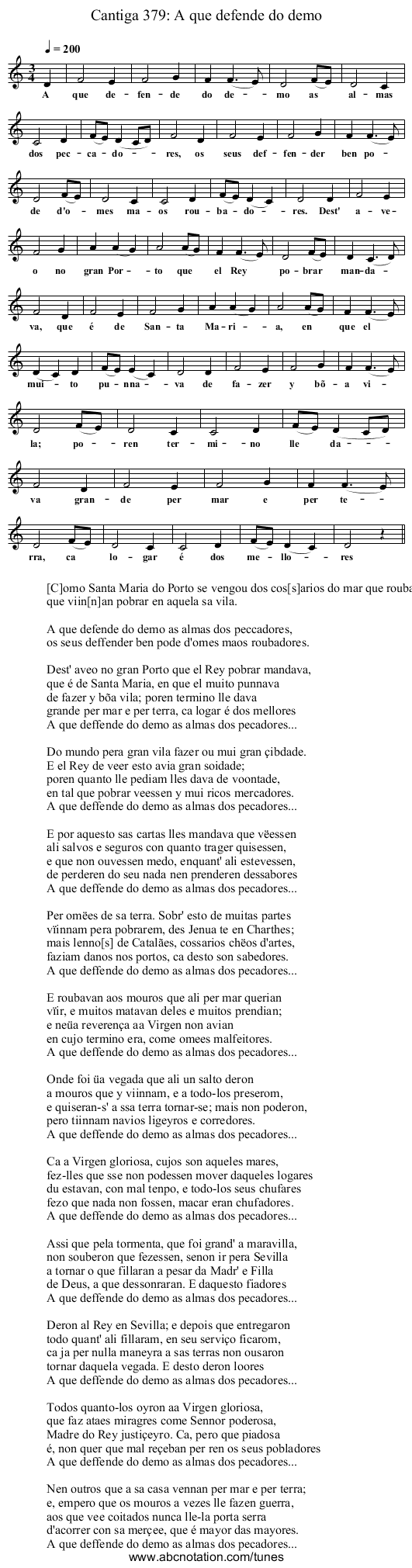 Cantiga 379: A que defende do demo - staff notation