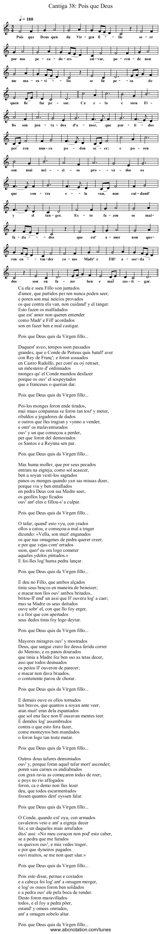 Cantiga 38: Pois que Deus - staff notation