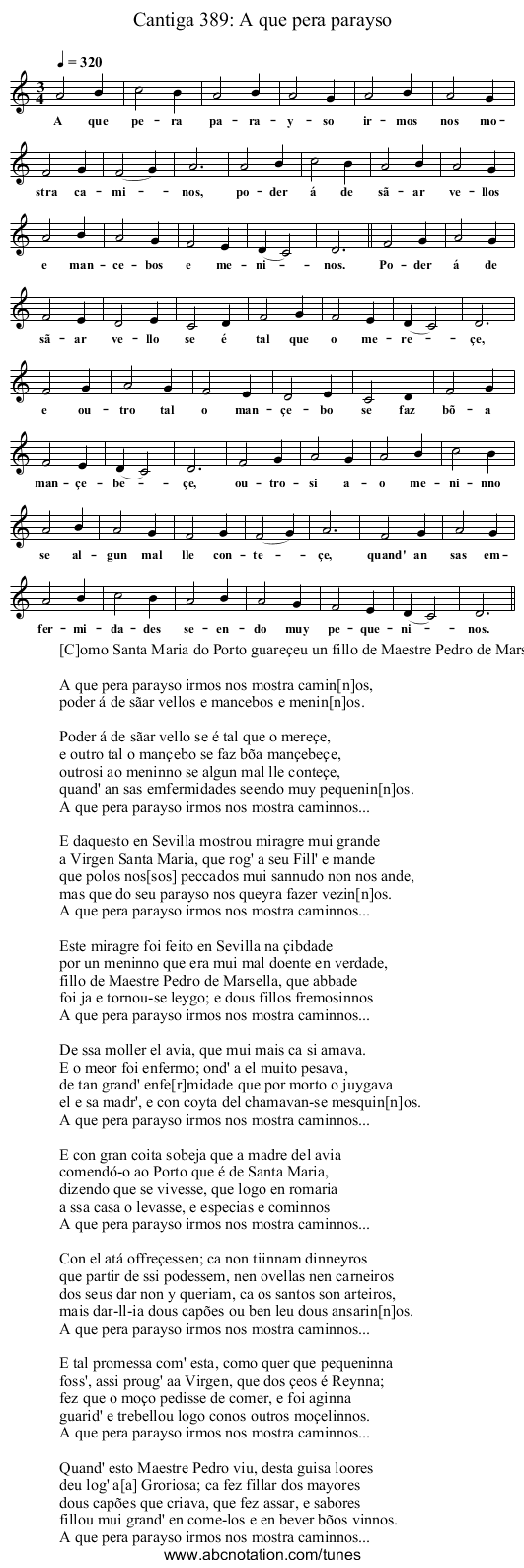 Cantiga 389: A que pera parayso - staff notation