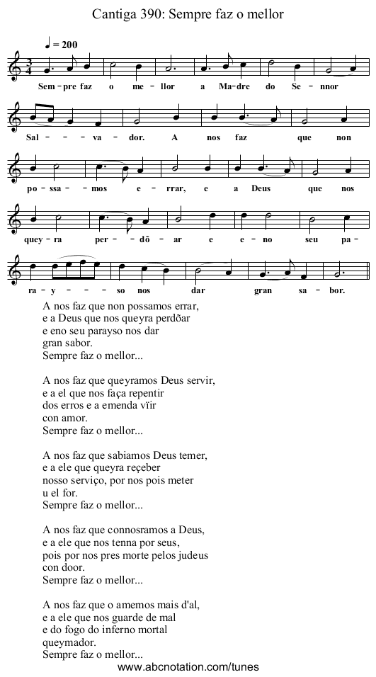 Cantiga 390: Sempre faz o mellor - staff notation