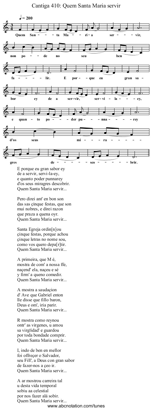 Cantiga 410: Quem Santa Maria servir - staff notation