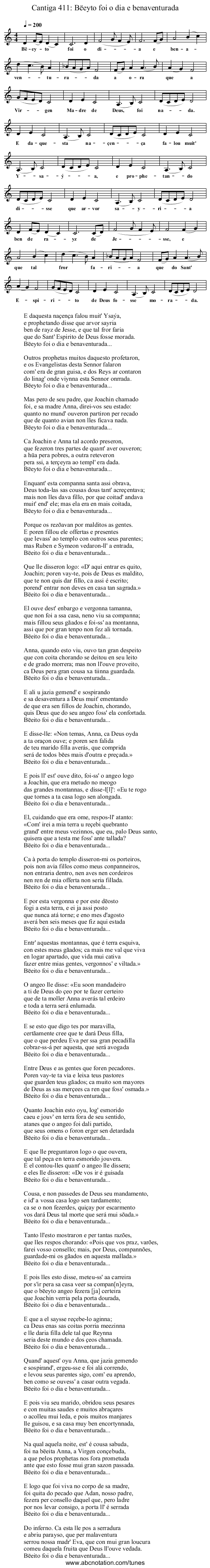 Cantiga 411: Bëeyto foi o dia e benaventurada - staff notation
