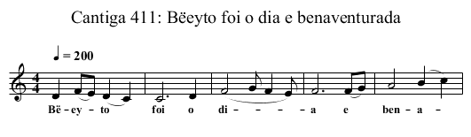 Cantiga 411: Bëeyto foi o dia e benaventurada - staff notation
