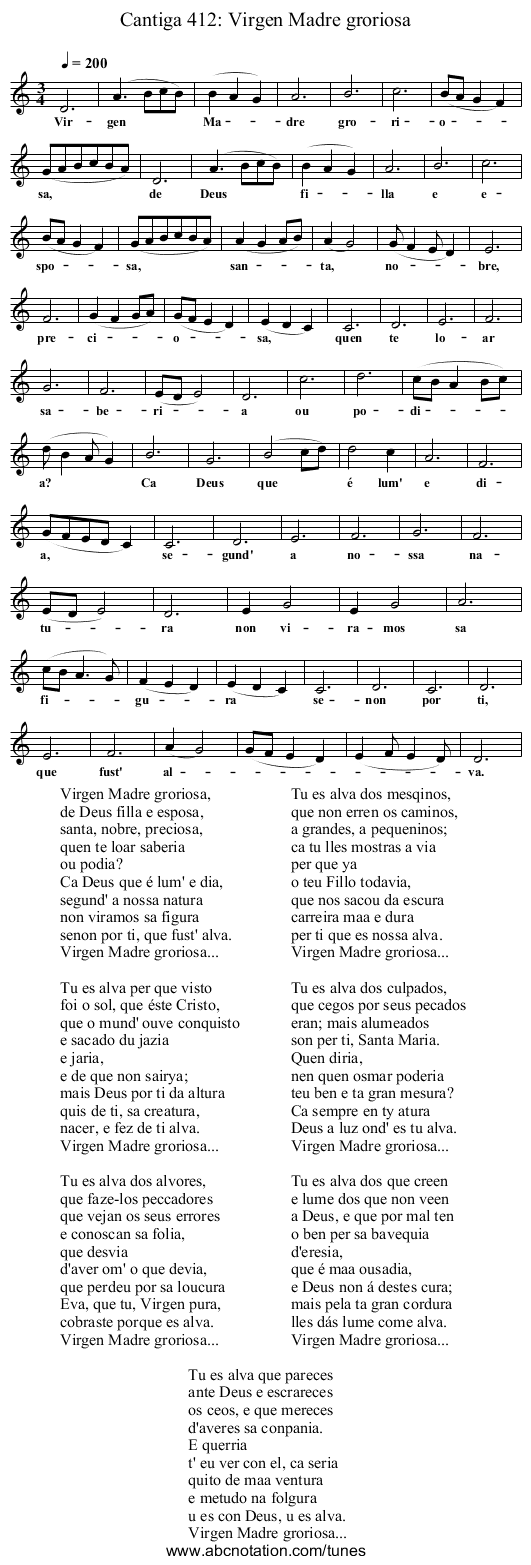 Cantiga 412: Virgen Madre groriosa - staff notation