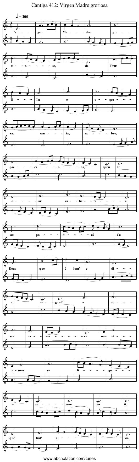 Cantiga 412: Virgen Madre groriosa - staff notation