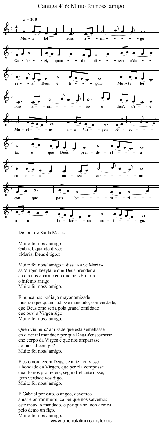 Cantiga 416: Muito foi noss' amigo - staff notation